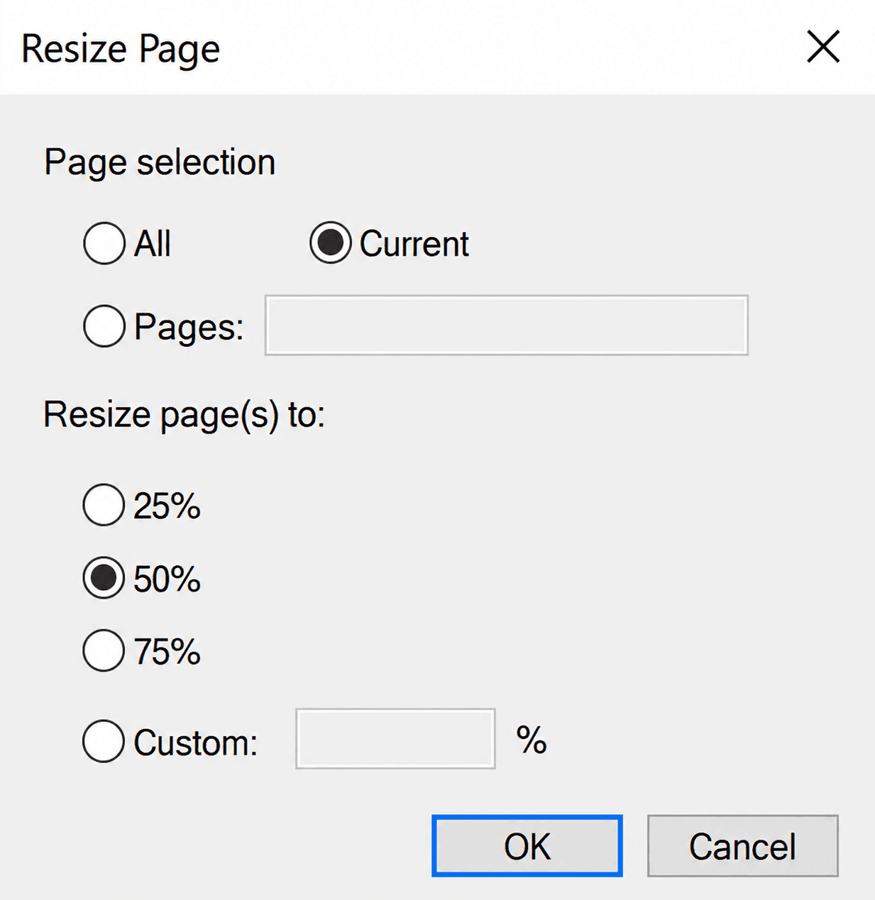 Scriptor Resize Page tool in Adobe Acrobat with page selection and percentage options